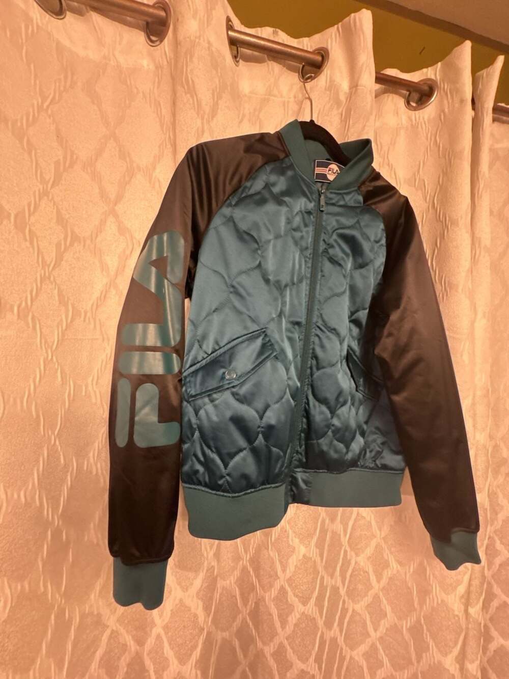 FILA Women's Teal Quilted Satin Bomber Jacket with Logo Sleeve Logo